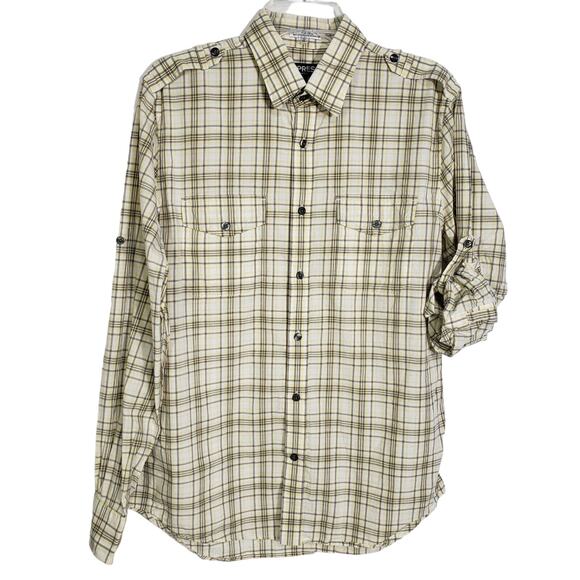 Express Mens Shirt Size Medium 15-15.5 Fitted Yellow Plaid Button Front Pockets - Picture 1 of 10
